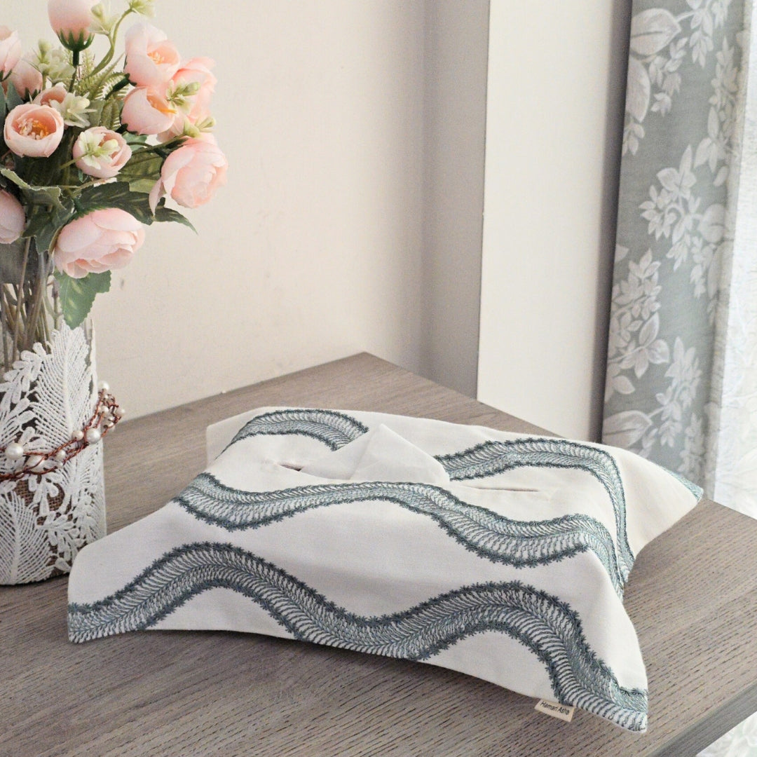 Green Wave Embroidered Tissue Box Cover